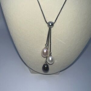 Elegant Triple Dangle White, Black & Pink Pearl Drop Necklace